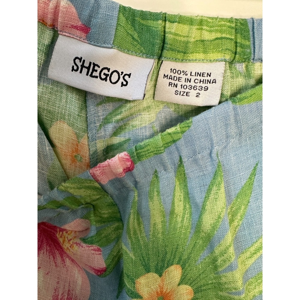 Shegos 100% Linen Pull On Crop Pants Tropical Hibiscus Floral Blue Pink Size 2 - Picture 6 of 10